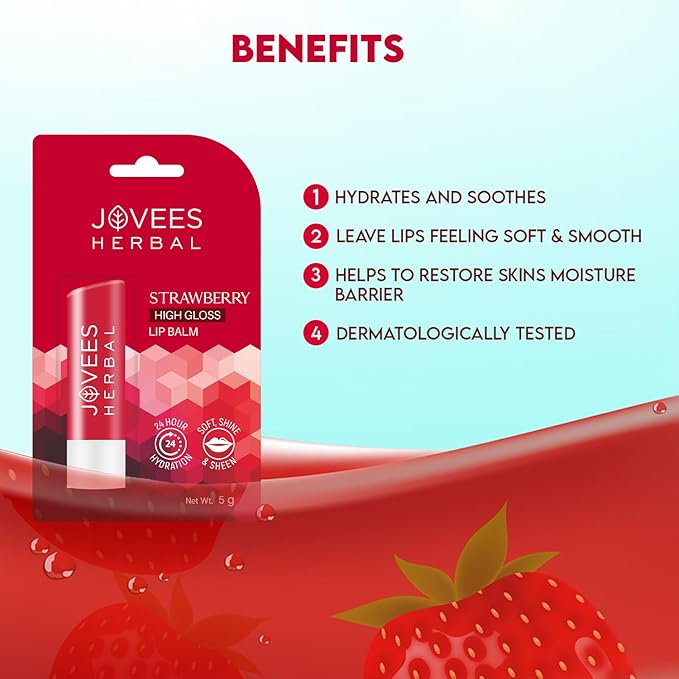Jovees Herbal Strawberry High Gloss Lip Balm For Soft, Glossy And Supple Lips | 24 Hour Hydration | Rejuvenates Dark, Pigmented, Dry, Chapped And Discoloration Lips 5g