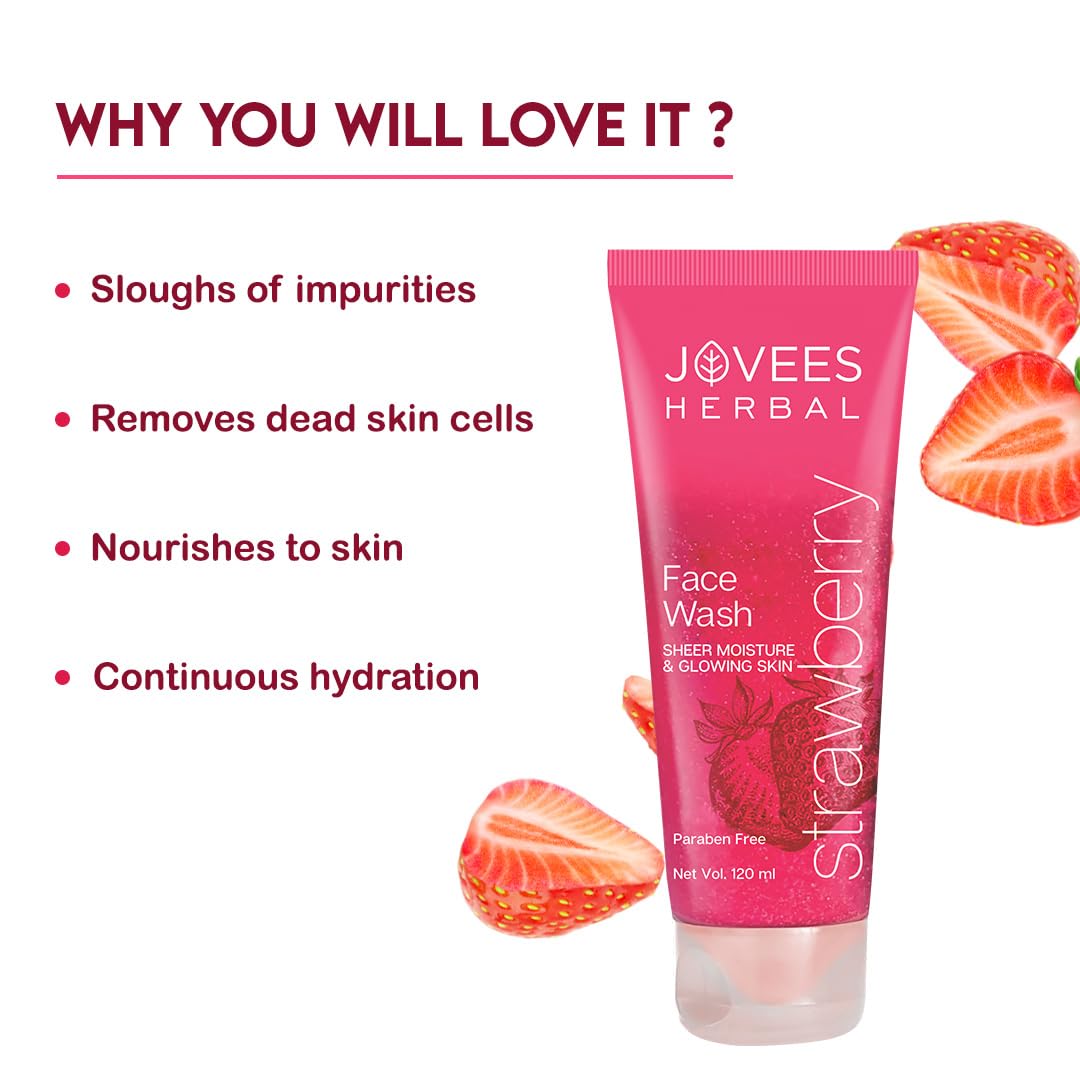 Jovees Herbal Strawberry Face Wash For Hydrating & Glowing Skin with Strawberry Ext. | Gentle Cleanser For Brightens Skin, Removes Pigmentation 120ml