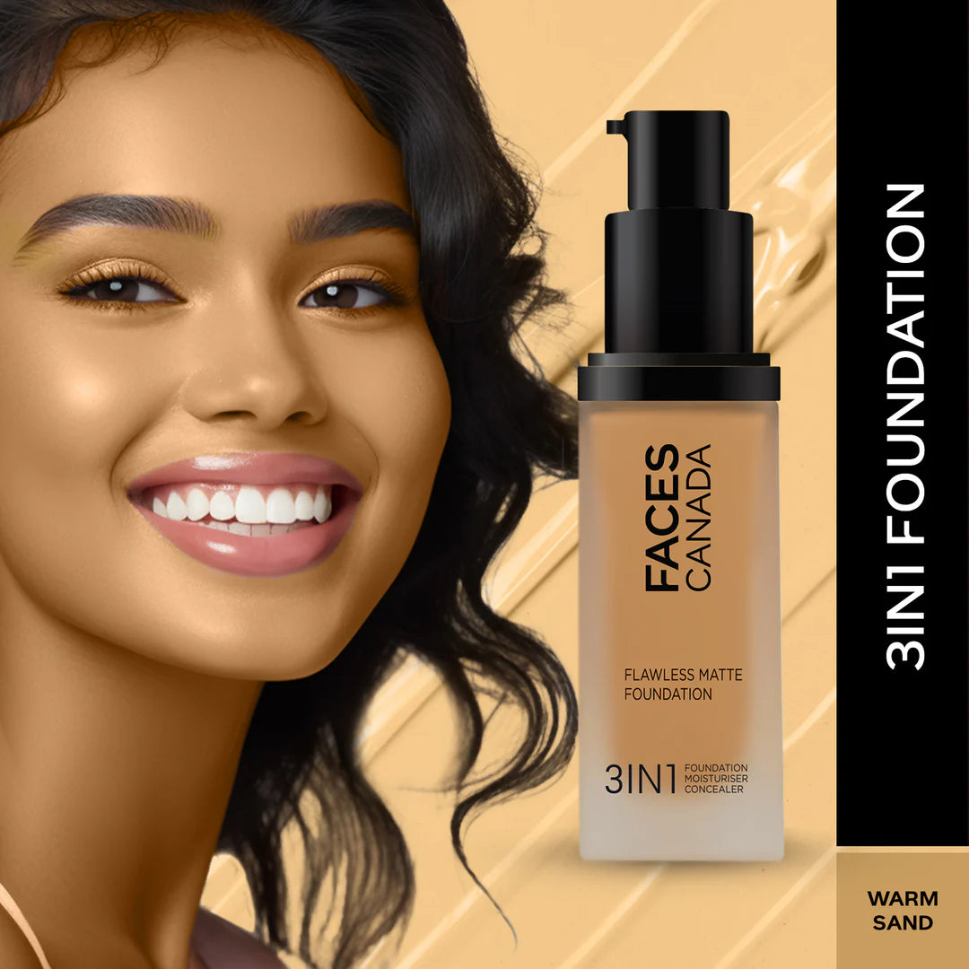 FACES CANADA Flawless Matte Foundation 30 ml | 3-in-1 Foundation + Moisturizer + Concealer | 12 HR Hydration + SPF 18 | Full HD Matte Coverage | Lightweight | Anti Ageing