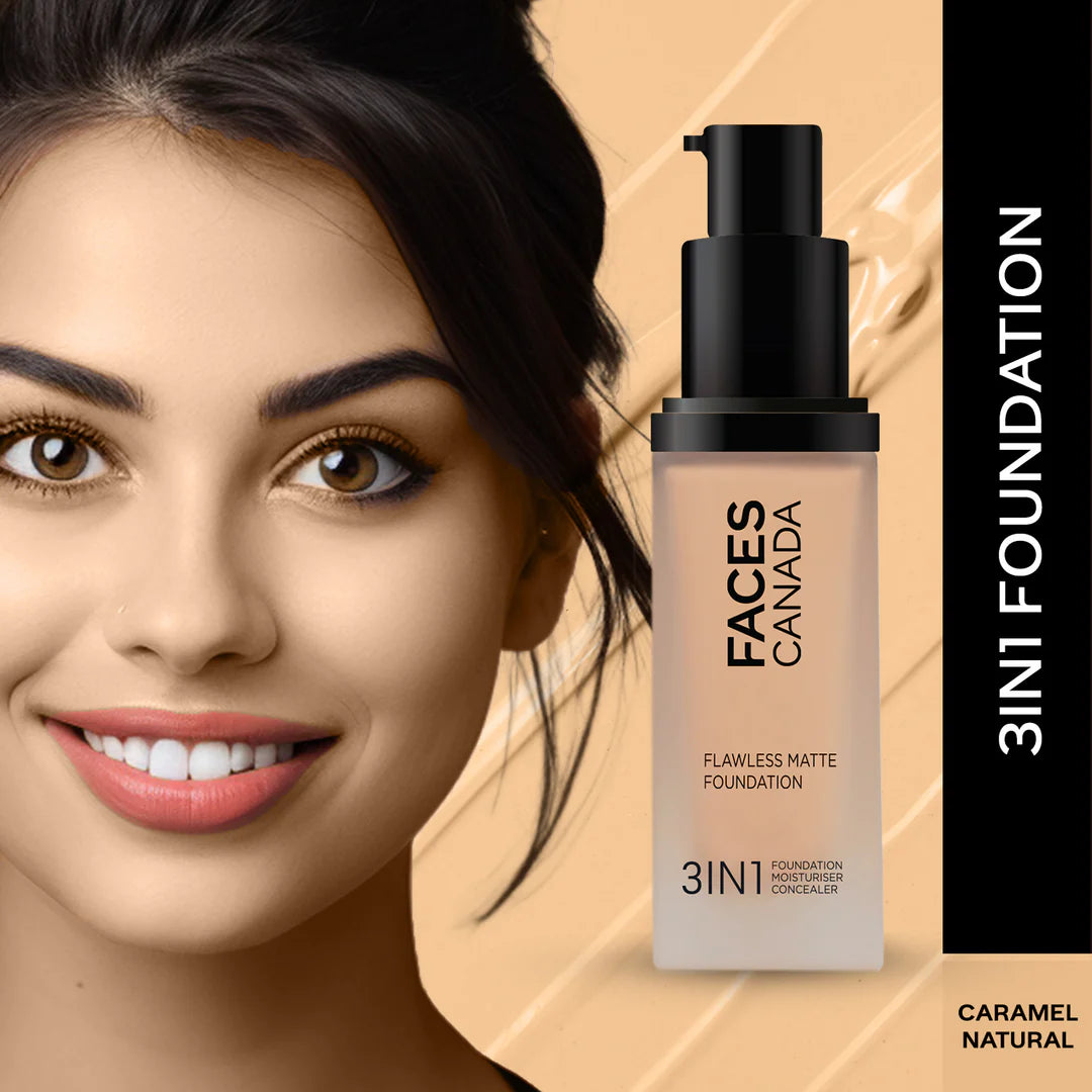 FACES CANADA Flawless Matte Foundation 30 ml | 3-in-1 Foundation + Moisturizer + Concealer | 12 HR Hydration + SPF 18 | Full HD Matte Coverage | Lightweight | Anti Ageing
