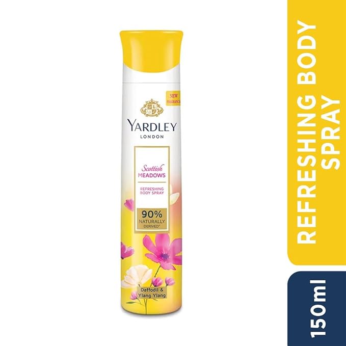 Yardley London Scottish Meadows Refreshing Body Spray| Daffodil & Ylang Ylang Fragrance| Deodorant Body Spray For Daily Use| Deodorant For Women| 90% Naturally Derived| 150ml