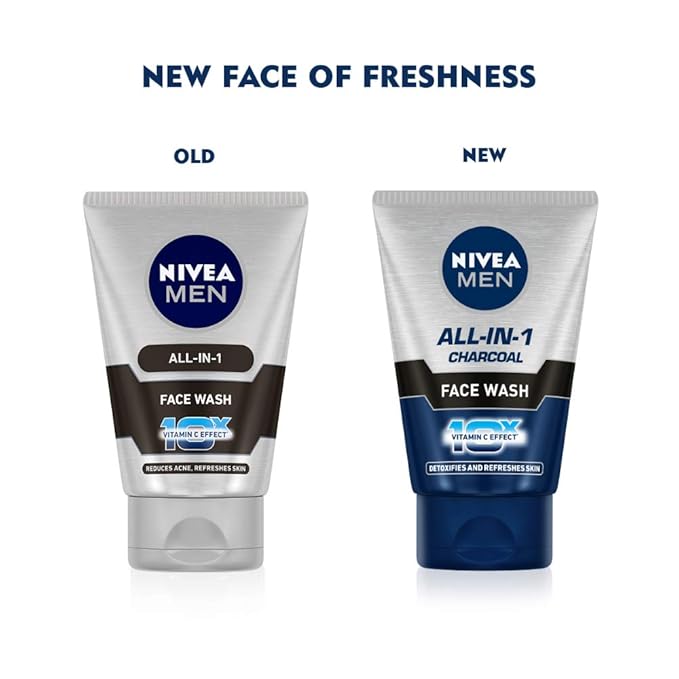 Nivea Men Face Wash All in 1 Charcoal, to Detoxify & Refresh Skin with 10x Vitamin C Effect, for All Skin Types 100g