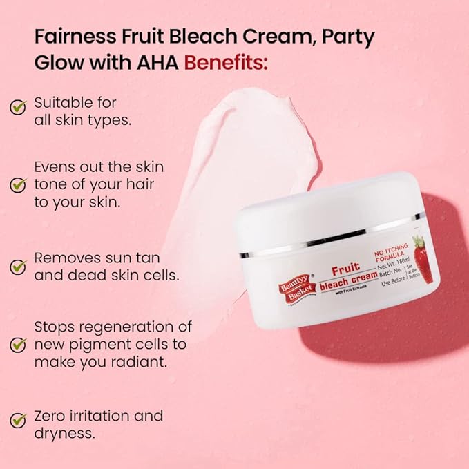 Beauty Basket Fairness Fruit Bleach Cream | Party Glow with AHA | Essence Fruit Fun Fairness Bleach For Women | 100% Natural Cream | Skin Brightening Fairer | Gift Set Pack Cream (180ml + 45Gram)