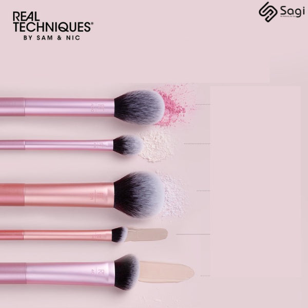 Real Techniques Face Essentials For Blush + Highlighter + Powdre + Nose Shadow + Contour 5 Brush Set