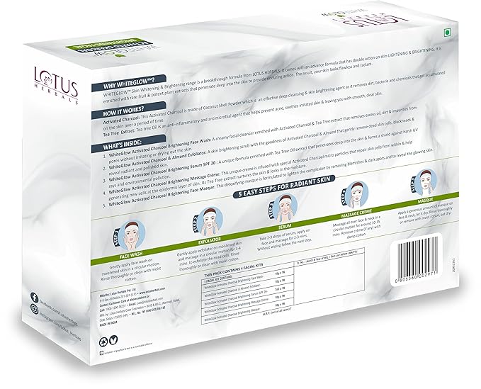 Lotus Herbals WhiteGlow Activated Charcoal Brightening 4 in 1 Facial Kit | Tea Tree | Oil Control & Anti Pollution | Salon Grade | All Skin Types | 188g