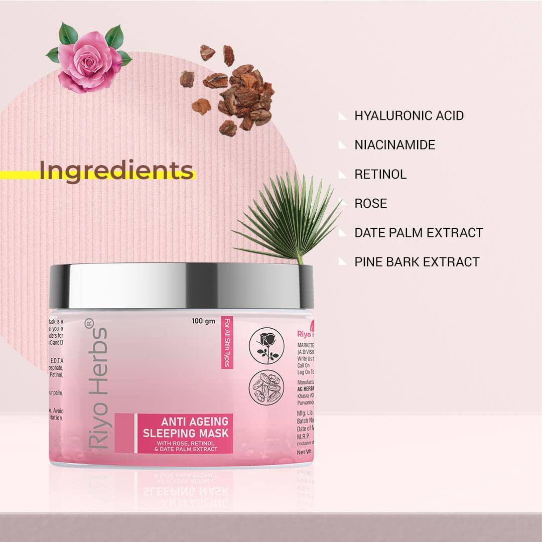 Riyo Herbs Anti Ageing Sleeping Mask, Night Gel With Rose, Date Palm &amp; Pine Bark Extracts for Reduces Fine Lines and Wrinkles, Radiant &amp; Glowing...