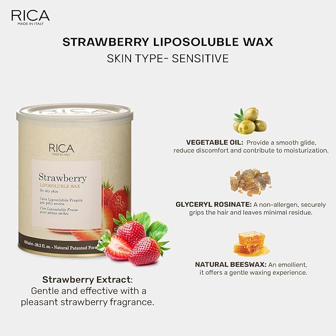 Rica Strawberry Liposoluble Wax for Women and Men | Quick Legs Hair Removal Waxing Treatment for Dry Skin - 800 ml