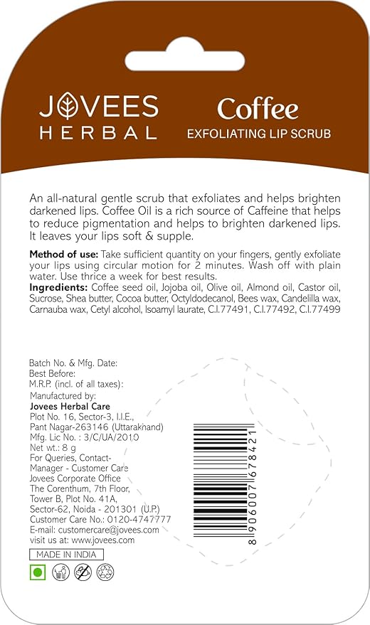 Jovees Herbal Coffee Exfoliating Lip Scrub For Brightening Dark Lips for Dry Lips/Smoker/Chapped Lip & Lipstick Stains Removal Lip care, Soft and Supple Lips | For Men and Women- 8g