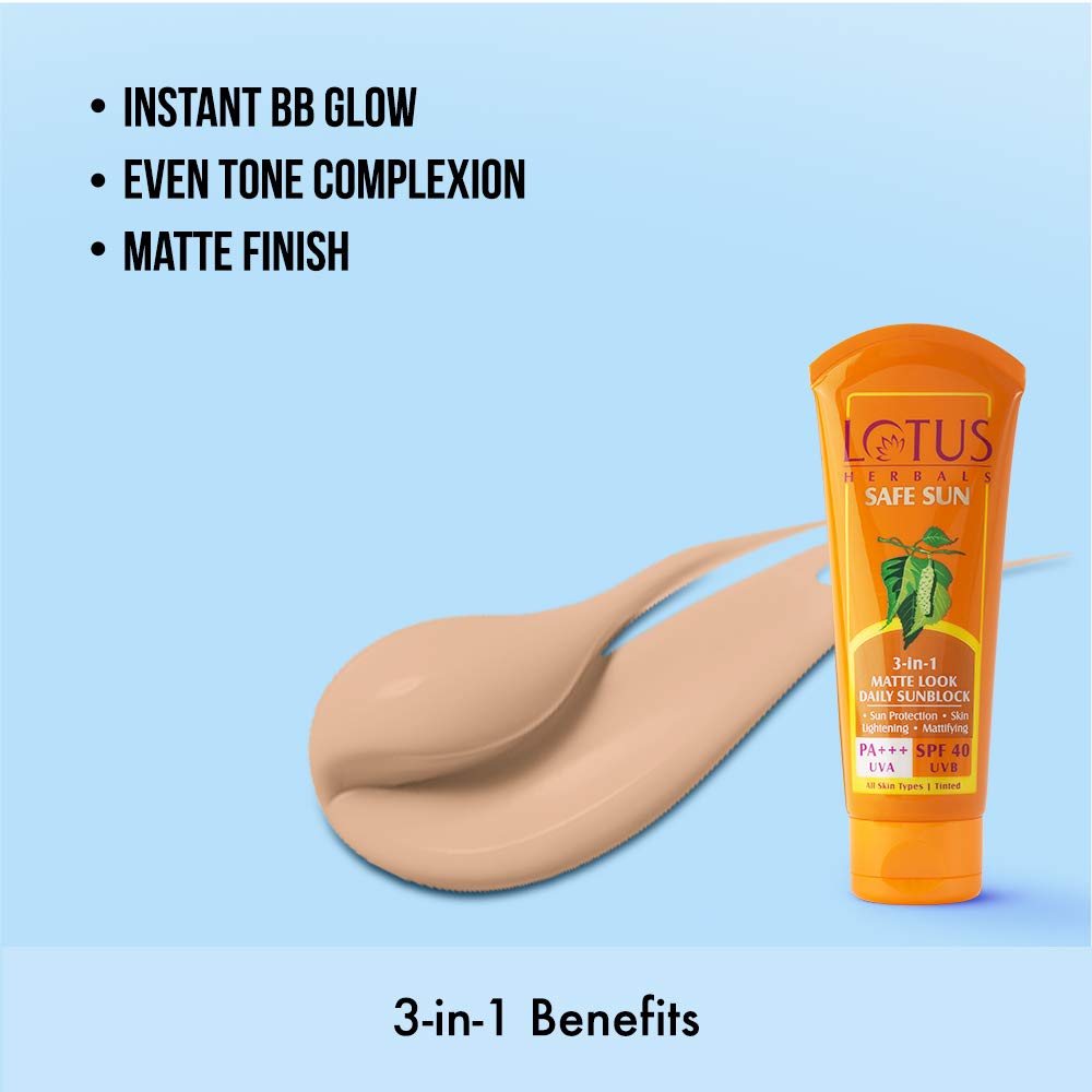 Lotus Herbal Safe Sun 3 In 1 Matte Look Daily Sunblock Spf 40Uvb All Skin Type 100g