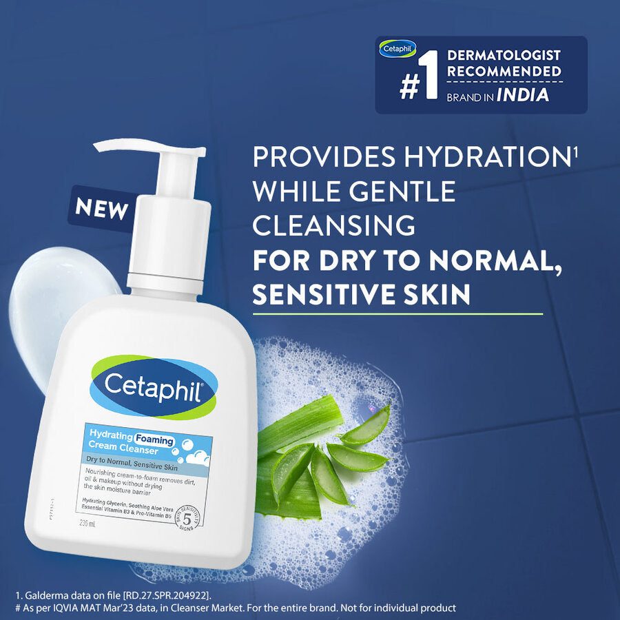 Cetaphil Hydrating Foaming Cream Cleanser 236 ml for Dry to Normal Sensitive Skin with Niacinamide, Aloevera and Glycerin