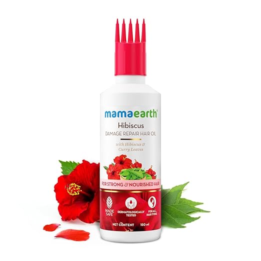 Mamaearth Hibiscus Damage Repair Hair Oil with Hibiscus & Curry Leaves for Strong & Nourished Hair|Repairs Rough, Dry & Damaged Hair|Makes Hair Smooth & Frizz Free|Suitable For All Hair Types (150ml)