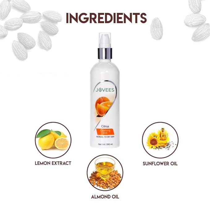 Jovees Herbal Citrus Cleansing Milk with Lemon Peel Extract, Almond & Coconut Oil | For Normal to Dry Skin 200ml