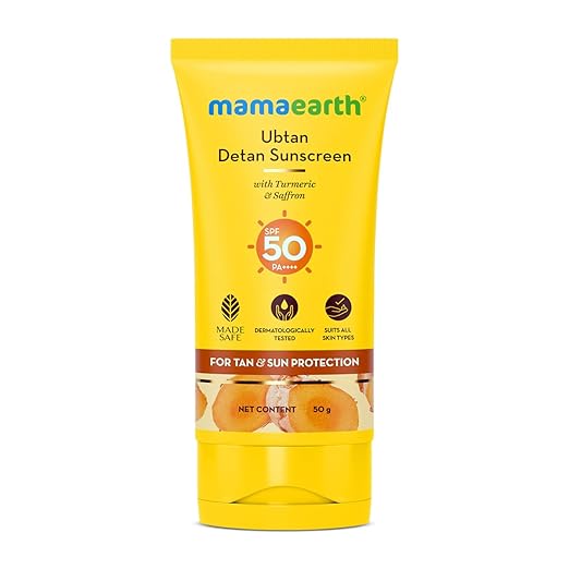 Mamaearth Ubtan Detan Sunscreen With Turmeric & Saffron - 50 g | SPF 50 & PA++++ For UVA/B Protection | Removes Tan | Brightens Skin | Non-Greasy & Lightweight | No White Cast | For All Skin Types