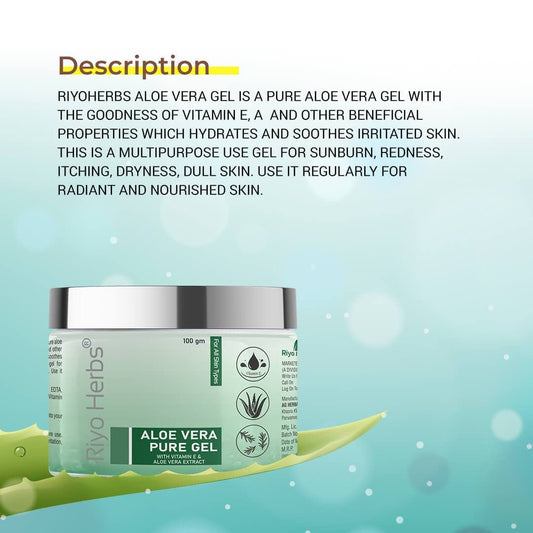 Riyo Herbs Aloe Vera Pure Gel With Vitamin E, Rosemary &amp; Pure Aloe Vera Extracts for Sunburn, Redness &amp; Dull Skin Treatment, Beneficial Properties...