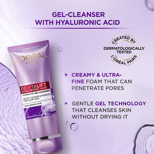 L'Oreal Paris Revitalift Hyaluronic Acid Hydrating Gel Cleanser, 50 ml | Gentle Facewash for women | Cleanses impurities &amp; makeup residue 50ml