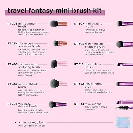 Real Techniques Travel Fantasy Mini Brush Kit 10 in 1 Total Face Kit for concealer + powder + blush + contour + shadow