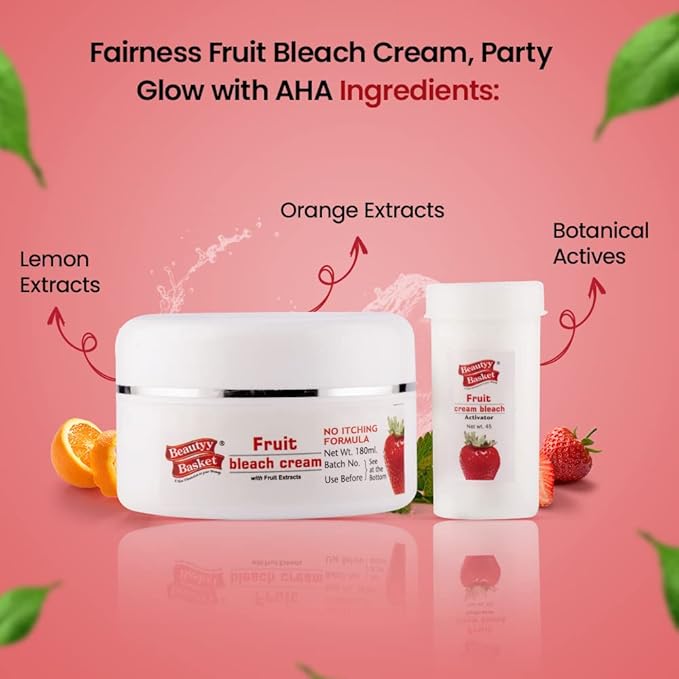 Beauty Basket Fairness Fruit Bleach Cream | Party Glow with AHA | Essence Fruit Fun Fairness Bleach For Women | 100% Natural Cream | Skin Brightening Fairer | Gift Set Pack Cream (180ml + 45Gram)