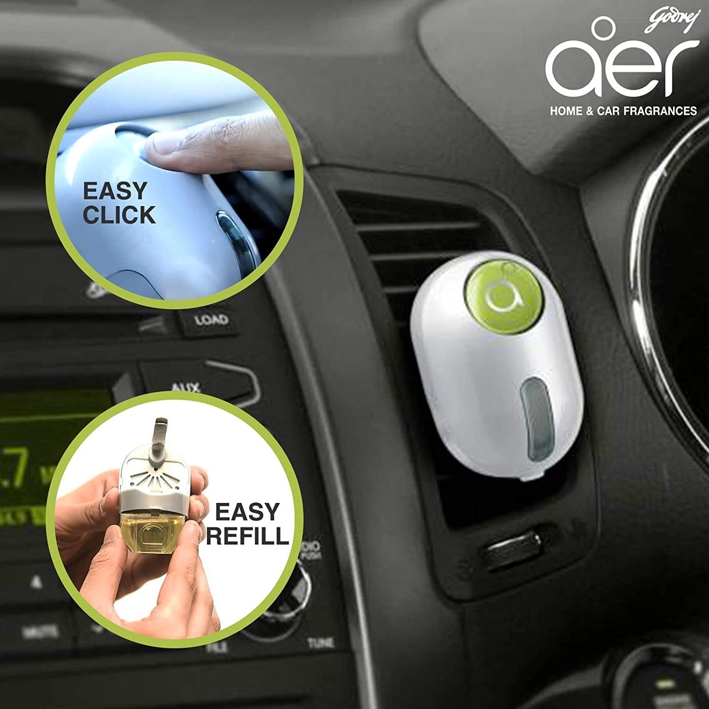 Godrej aer click | Car Vent Air Freshener Kit - Long-Lasting | Spill-proof | Fresh Lush Green
