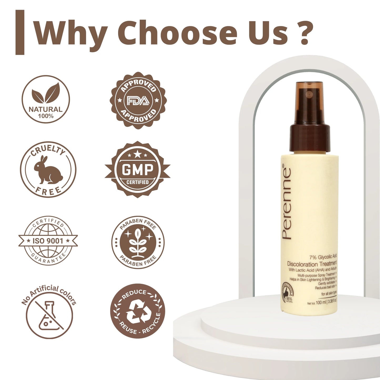 Perenne 7% Glycolic Acid Discoloration Treatment Spray for Skin Brightening | Controls Body Odour | Helps reduce the darkness and pigmentation of underarms, elbows, neck, knees, and inner thighs | Multiple purpose spray for Face, Body and Scalp | 100ml