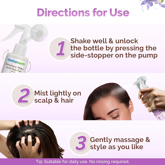 Mamaearth Rosemary Water Anti-Hair Fall Spray with 100% Pure Rosemary Water & Methi Dana | For Hair Growth | Stronger & Denser Hair | 24-H Frizz Control | Folligen ANALupe, Fision Aquashield | Shiny & Smooth Hair | 200 ml