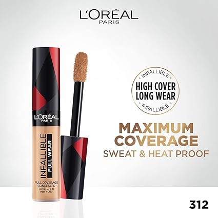 L'Oreal Paris Full Coverage Concealer, Waterproof Formula, For Undereye Circles and Blemishes, For Highlighting and Contouring, Infallible, Shade: 312, 10g