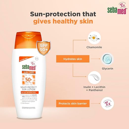 Sebamed Multi Protect Sun lotion SPF 50, 150 ml I UVA/UVB Protection filter I Water resistant sunscreen with pH 5.5 I Vitamin E I men & women I Suitable for children I Clinically tested.