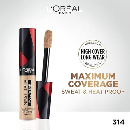 L'Oreal Paris Full Coverage Concealer, Waterproof Formula, For Undereye Circles and Blemishes, For Highlighting and Contouring, Infallible, Shade: 314, 10g