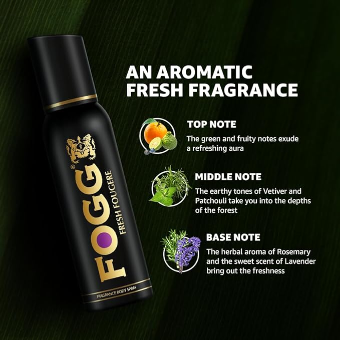 Fogg Fresh Fougere Premium No Gas Deodorant for Men, Long-Lasting Perfume Body Spray, 120 ml
