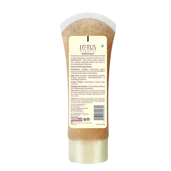Lotus Herbals Berryscrub Strawberry & Aloe Vera Exfoliating Face Wash | Deep Cleaning | Blackhead Removal | For All Skin Types | 80g