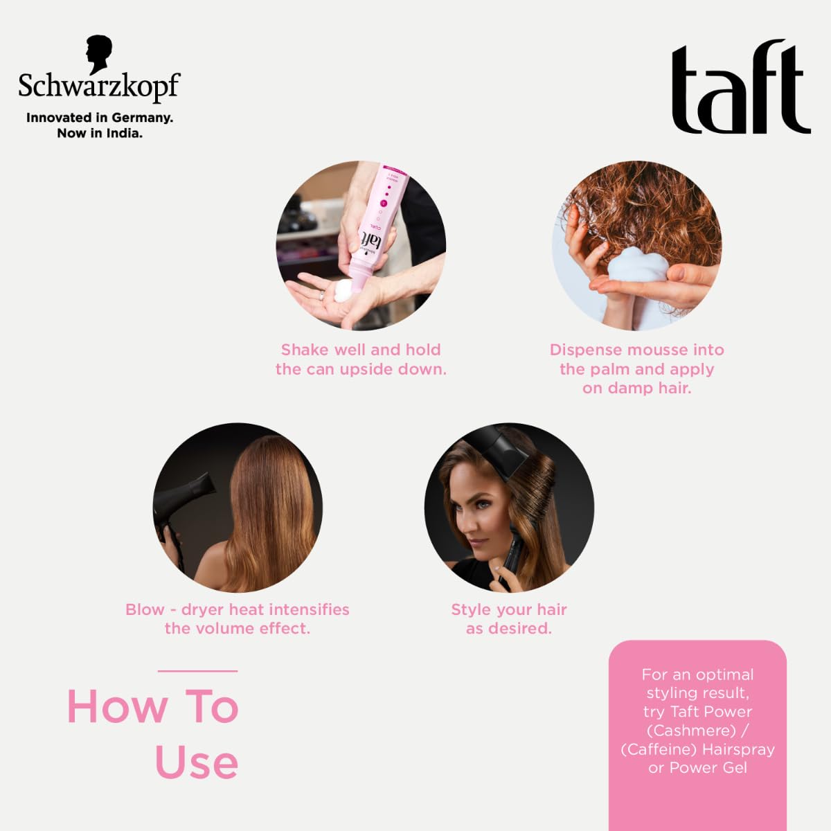 Schwarzkopf Taft Power Hair Mousse, Cashmere-like softness, Mega Strong Hold 5 with no stickiness