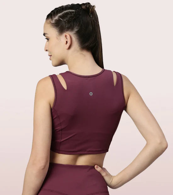 Enamor Shelf Bra Crop Vest | Crew Neck Vest With In-Built Shelf Bra Support | Hugged Fit E123