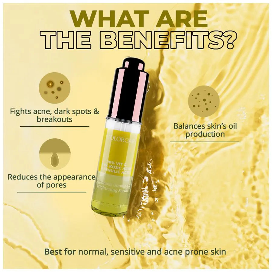 ColorBar Luminous Glowing & Brightening Serum - 10% Vit C + 1% Kojic Acid + Ferulic Acid, 30ml