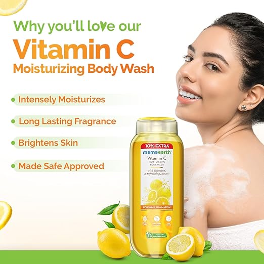Mamaearth Vitamin C Moisturizing Body Wash with Vitamin C & Refreshing Lemon Scent for Skin Illumination- 275ml|Deeply Cleanses|Intensely Moisturizes|Long-Lasting Fragrance|Radiant Glow|All Skin Types 275ml