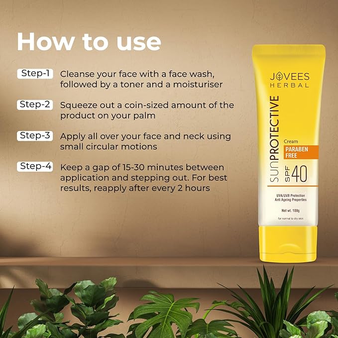 Jovees Herbal Sun Protective Sunscreen SPF 40, 100g | Lightweight and Oil Free - UVA & UVB Protection | Normal to Dry Skin Types | Paraben & Alcohol Free