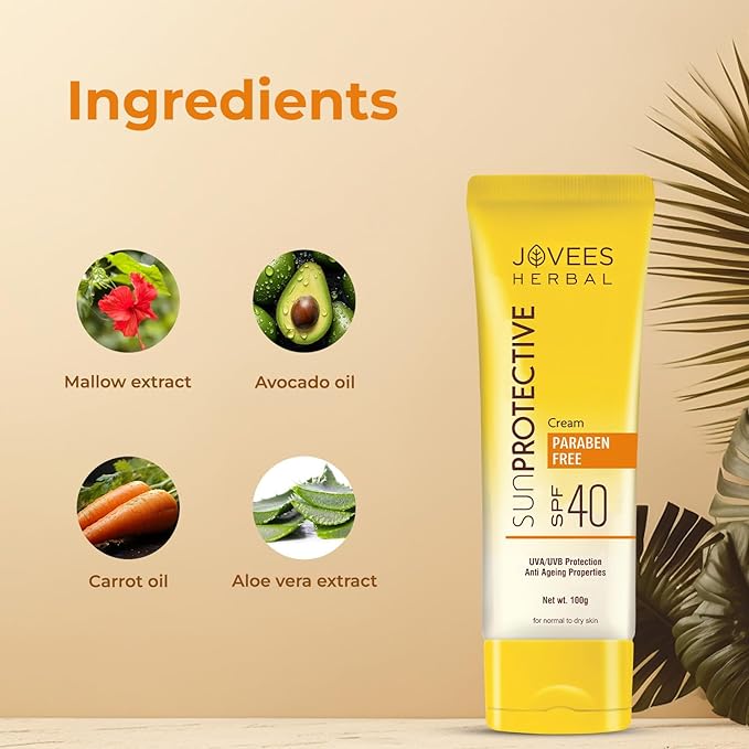 Jovees Herbal Sun Protective Sunscreen SPF 40, 100g | Lightweight and Oil Free - UVA & UVB Protection | Normal to Dry Skin Types | Paraben & Alcohol Free