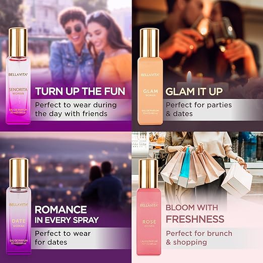 Bella Vita Luxury Woman Eau De Parfum Gift Set 4x20 ml for Women with Date, Senorita, Glam, Rose Perfume|Floral, Fruity Long Lasting EDP Fragrance Scent