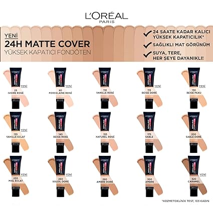 L'Oreal Paris Cover Liquid Foundation, With 4% Niacinamide, Long Lasting, Natural Finish, Available in 20 Shades, SPF 25, Infallible 32H Matte Cover 30ml