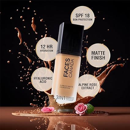 FACES CANADA Flawless Matte Foundation 30 ml | 3-in-1 Foundation + Moisturizer + Concealer | 12 HR Hydration + SPF 18 | Full HD Matte Coverage | Lightweight | Anti Ageing