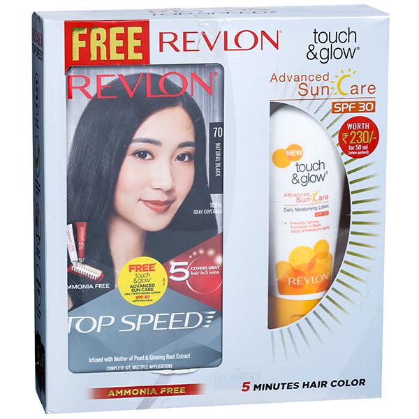Revlon Top Speed Hair Color Natural Black 70 (Free Revlon Touch &amp; Glow Spf 30 Sun Care Lotion 50 ml) (40 g + 40 g + 15 ml)