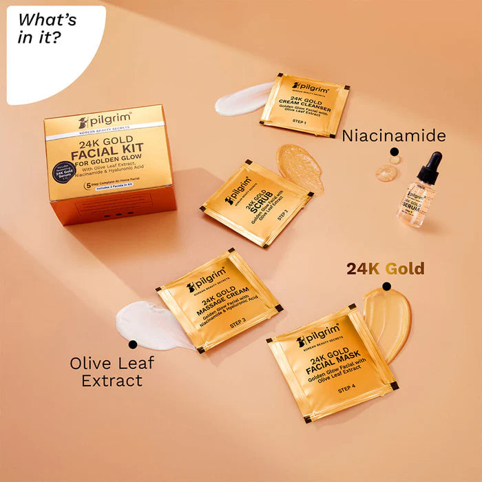 PILGRIM 24K GOLD FACIAL KIT FOR GOLDEN GLOW INCLUDES 3 FACIALS IN KIT