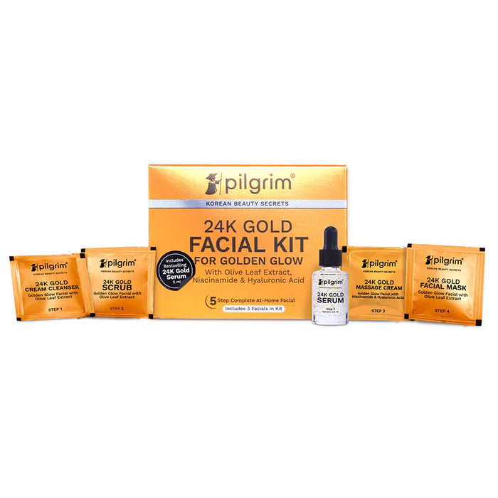 PILGRIM 24K GOLD FACIAL KIT FOR GOLDEN GLOW INCLUDES 3 FACIALS IN KIT