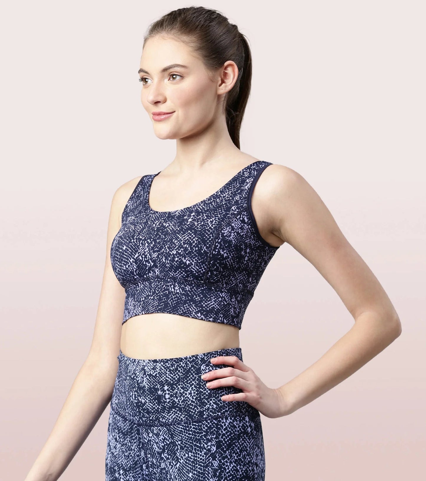 Enamor Longline Sports Bra – Printed | Scoop Neck Medium Impact Dry Fit Sports Bra | Held-in Fit E217