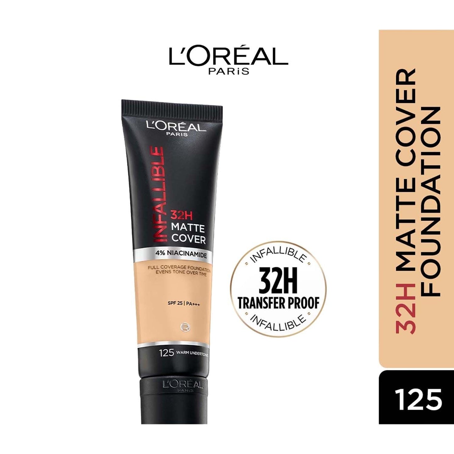 L'Oreal Paris Cover Liquid Foundation, With 4% Niacinamide, Long Lasting, Natural Finish, Available in 20 Shades, SPF 25, Infallible 32H Matte Cover 30ml